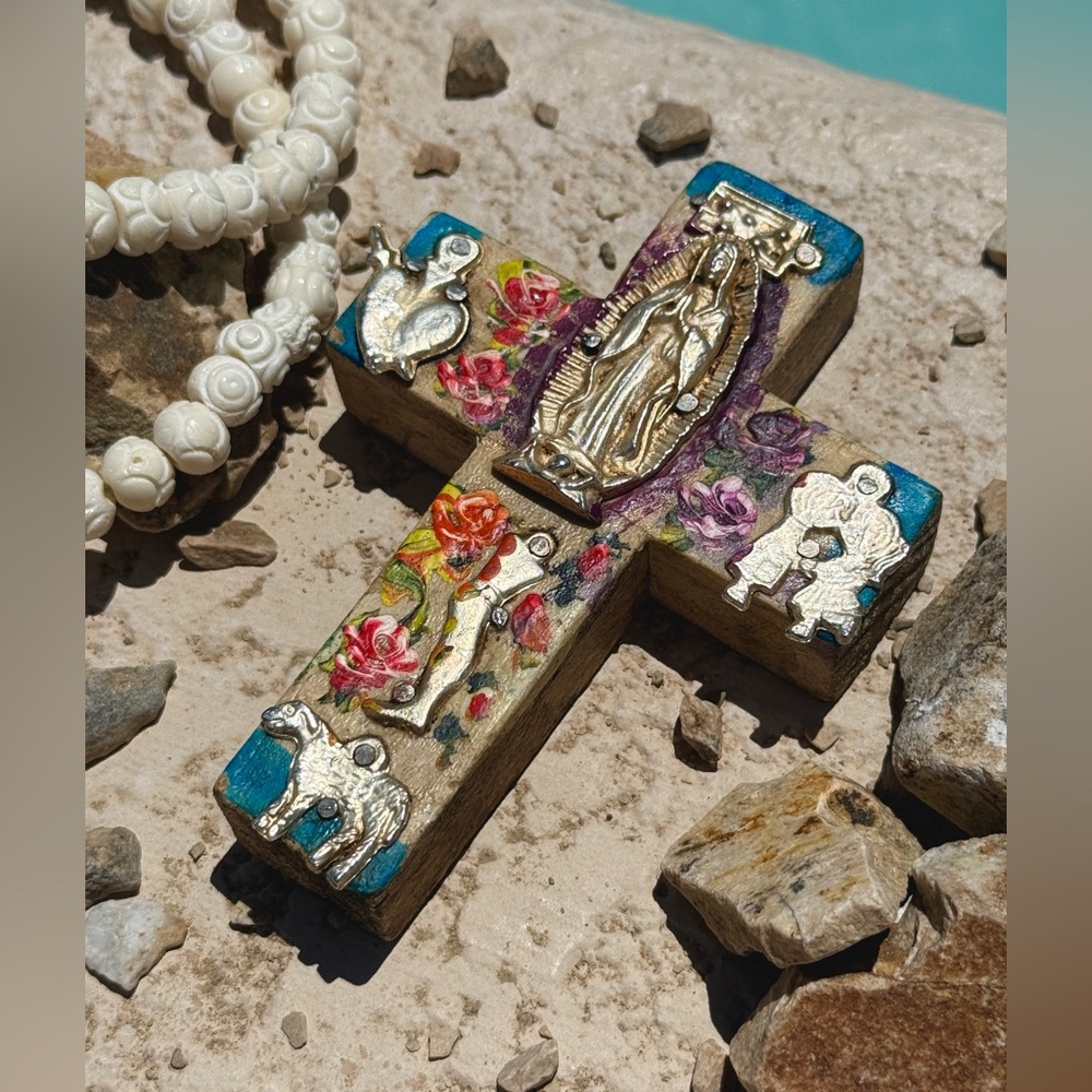 Milagro Silver Metal Charm Spanish Folk Art Painted Wood Cross-Ocean Blue - Picture 3 of 9